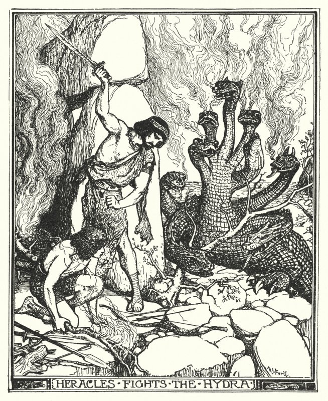 Herakles bekæmper Hydraen (litho) af Henry Justice Ford