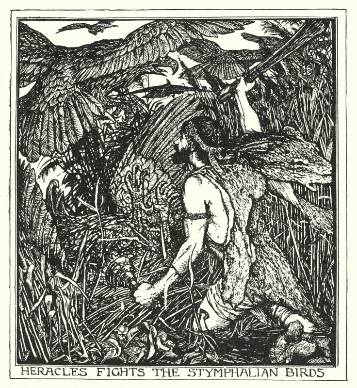 Herakles bekæmper Stymphalian-fuglene (litho) af Henry Justice Ford
