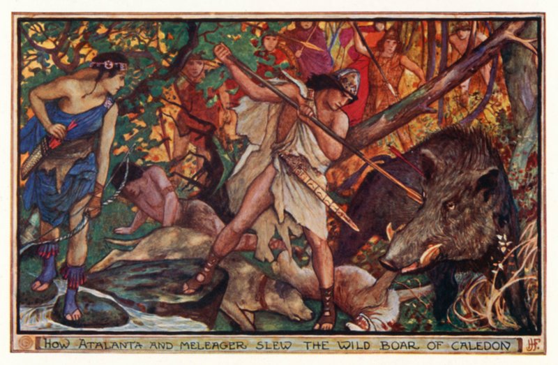 Hvordan Atalanta og Meleager dræbte vildsvinet i Caledon (farvelitografi) af Henry Justice Ford