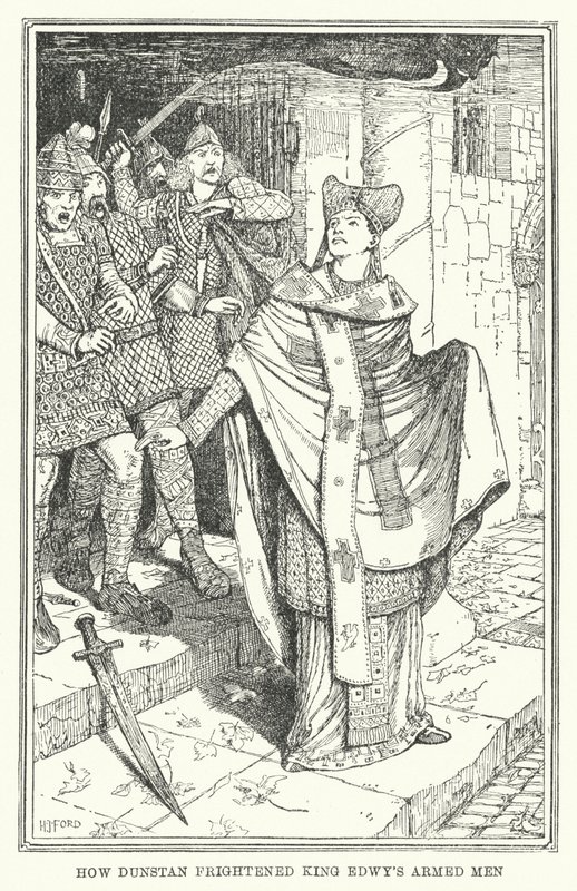 Hvordan Dunstan skræmte kong Edwys bevæbnede mænd (litho) af Henry Justice Ford
