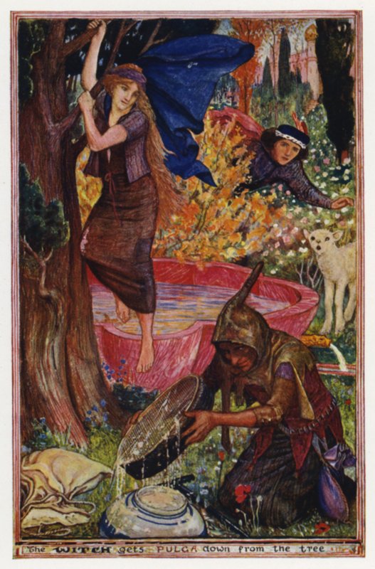 Hvordan en dreng bliver et lam: heksen får Pulga ned fra træet (farve litho) af Henry Justice Ford