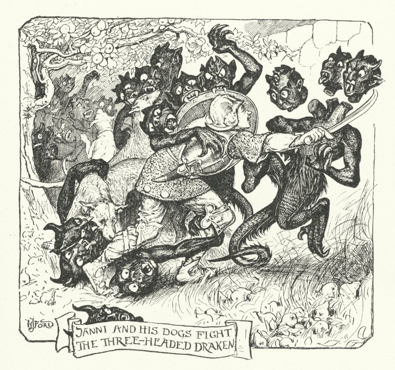 Janni og hans hunde bekæmper den trehovedede draken (gravering) af Henry Justice Ford