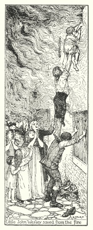 Lille John Wesley reddet fra ilden (litho) af Henry Justice Ford