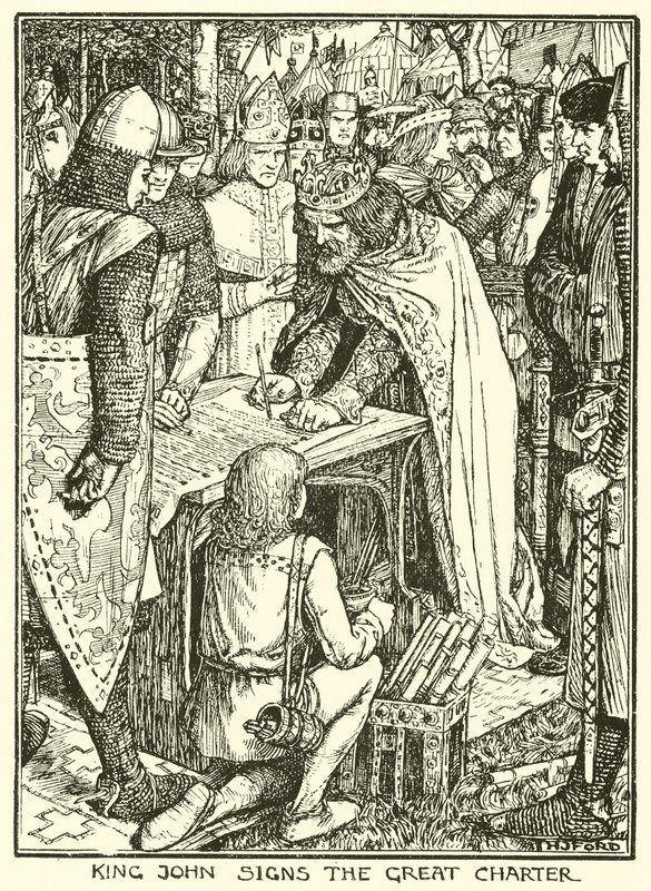 Magna Carta. Kong John underskriver det store charter (gravering) af Henry Justice Ford