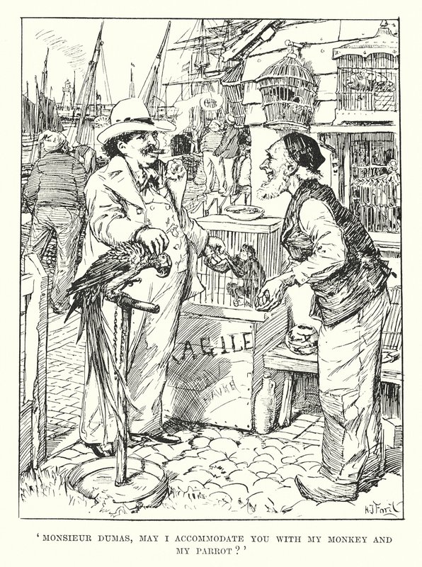 "Monsieur Dumas, må jeg indlogere Dem med min abe og min papegøje" (kobberstik) af Henry Justice Ford