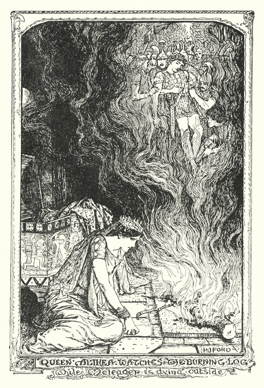 Dronning Althea ser på den brændende træstamme, mens Meleager dør udenfor (litho) af Henry Justice Ford
