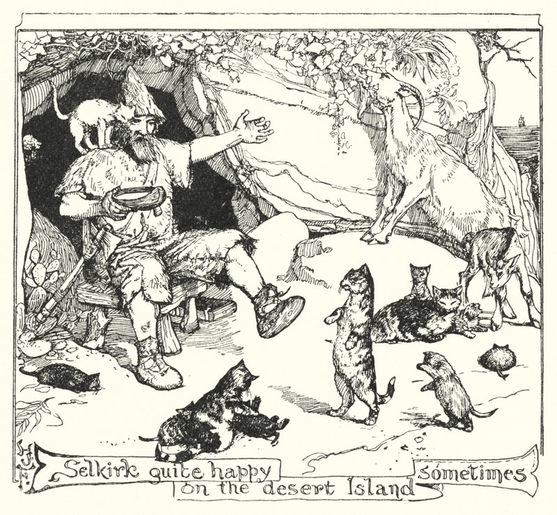 Selkirk ret glad på den øde ø nogle gange (litho) af Henry Justice Ford