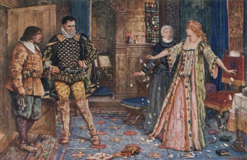 Når hun sagde, rev hun Leicesters brev i stykker og stemplede på dem, da de faldt på gulvet (farve litho) af Henry Justice Ford