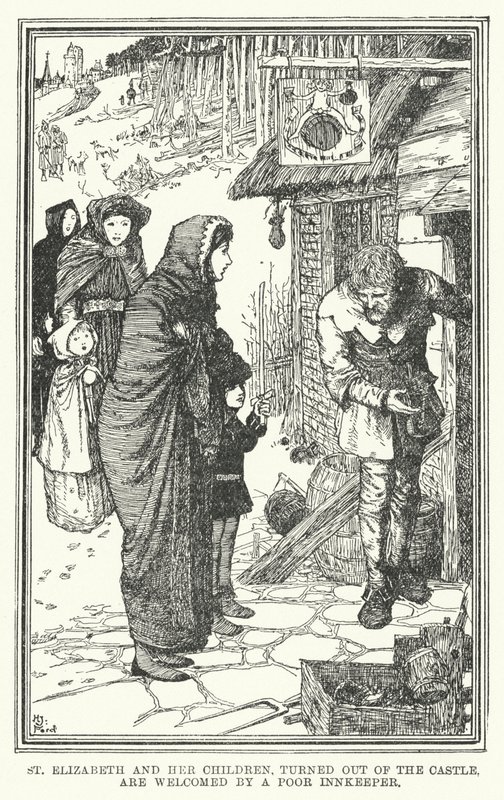 Den hellige Elisabeth og hendes børn, der er blevet smidt ud af slottet, bliver modtaget af en fattig krovært (litografi) af Henry Justice Ford
