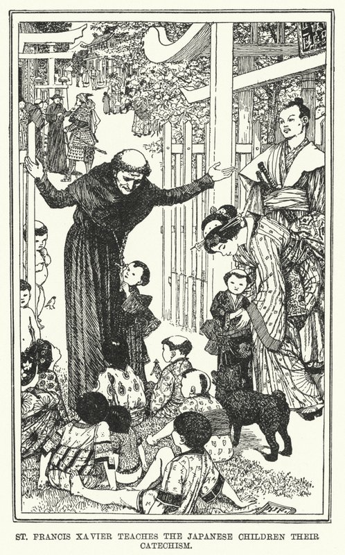 Den hellige Francis Xavier lærer de japanske børn deres katekismus (litho) af Henry Justice Ford