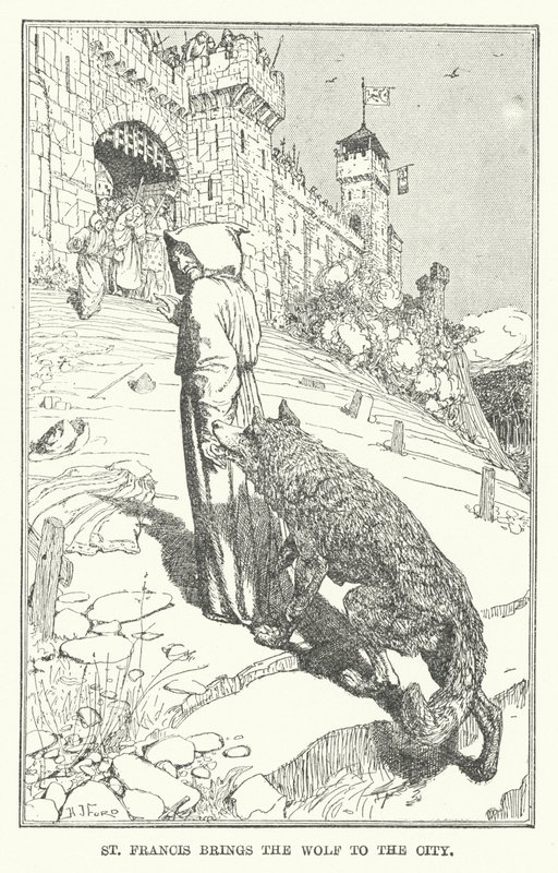 Sankt Frans bringer ulven til byen (litho) af Henry Justice Ford
