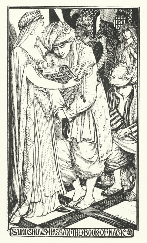 Sumi viser Hassan Magiens Bog (gravering) af Henry Justice Ford