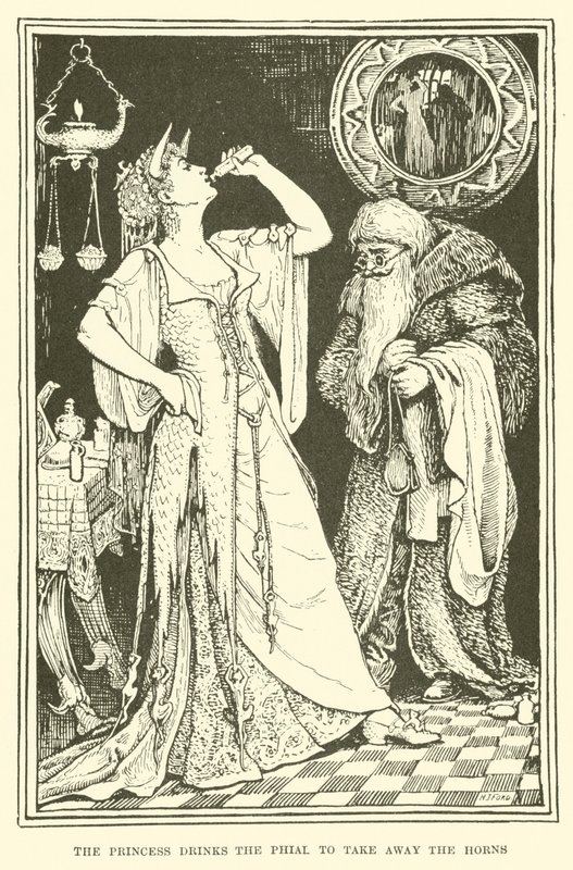Prinsessen drikker hylsteret for at tage hornene væk (gravering) af Henry Justice Ford