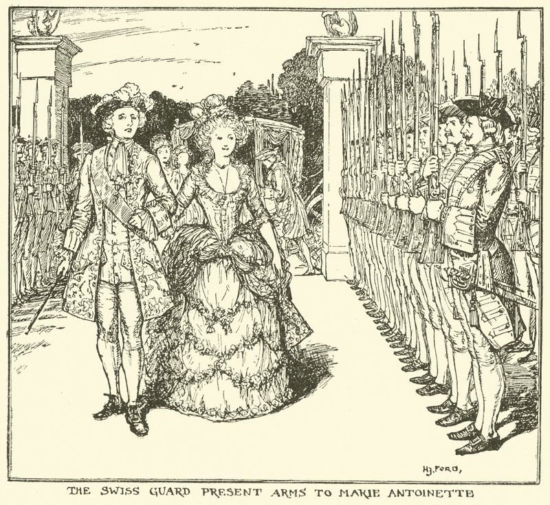 Den schweiziske garde overrækker våben til Marie Antoinette af Henry Justice Ford