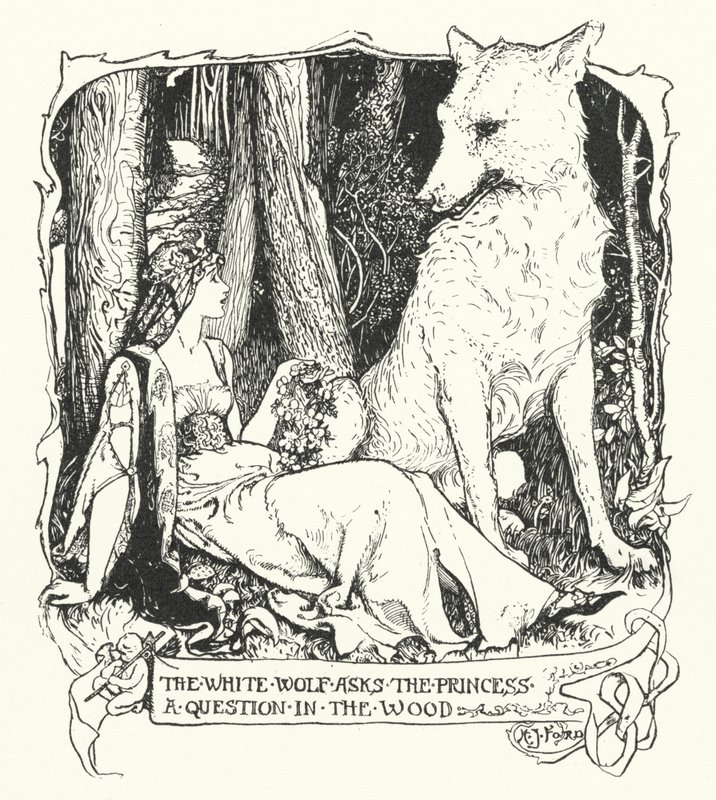 Den hvide ulv stiller prinsessen et spørgsmål i skoven (gravering) af Henry Justice Ford