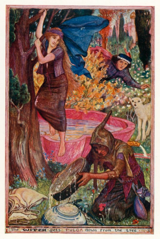 Heksen får Pulga ned fra træet (farve litho) af Henry Justice Ford