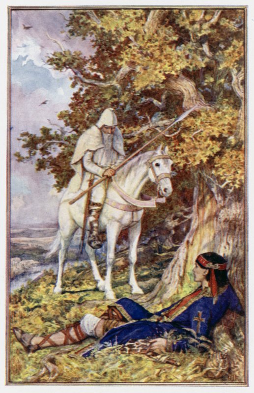 Manden på den hvide hest kommer for at helbrede St. Cuthbert af Henry Justice Ford