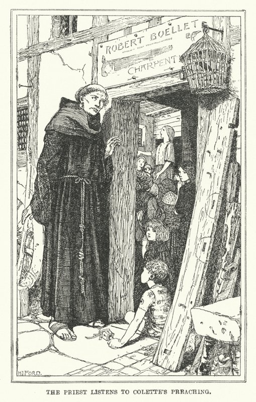 Præsten lytter til Colette prædiken (litografi) af Henry Justice Ford