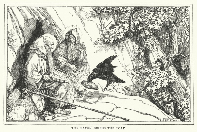 Ravnen bringer brødet (litho) af Henry Justice Ford