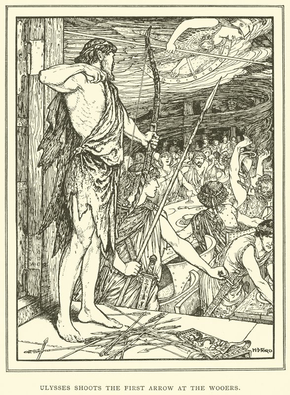 Odysseus skyder den første pil mod Wooers af Henry Justice Ford