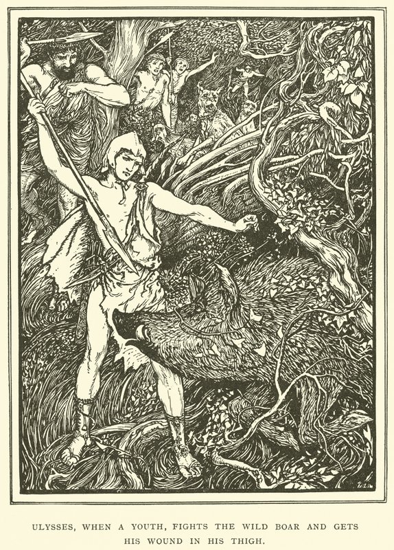 Ulysses, når en ungdom, bekæmper vildsvinet og får sit sår i låret af Henry Justice Ford