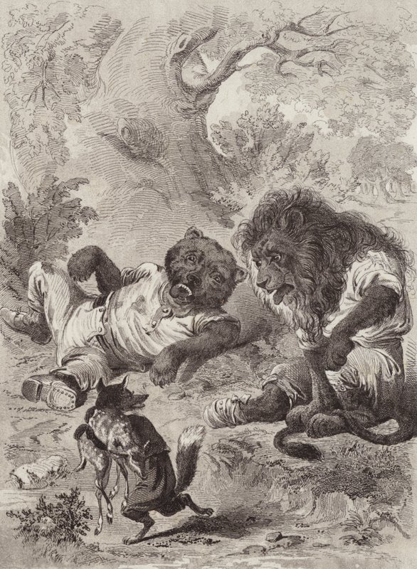 Æsops fabler: Løven, bjørnen og ræven (litho) af Henry Louis Stephens