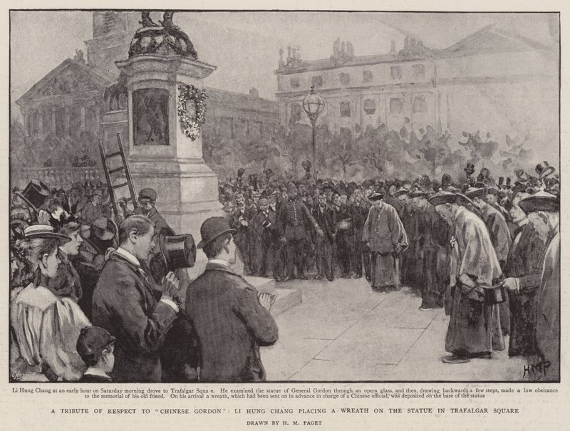 En hyldest af respekt til kinesiske Gordon, Li Hung Chang placerer en krans på statuen på Trafalgar Square af Henry Marriott Paget
