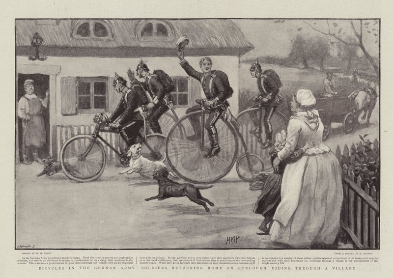 Cykler i den tyske hær, soldater, der vender hjem på furlough Riding gennem en landsby af Henry Marriott Paget