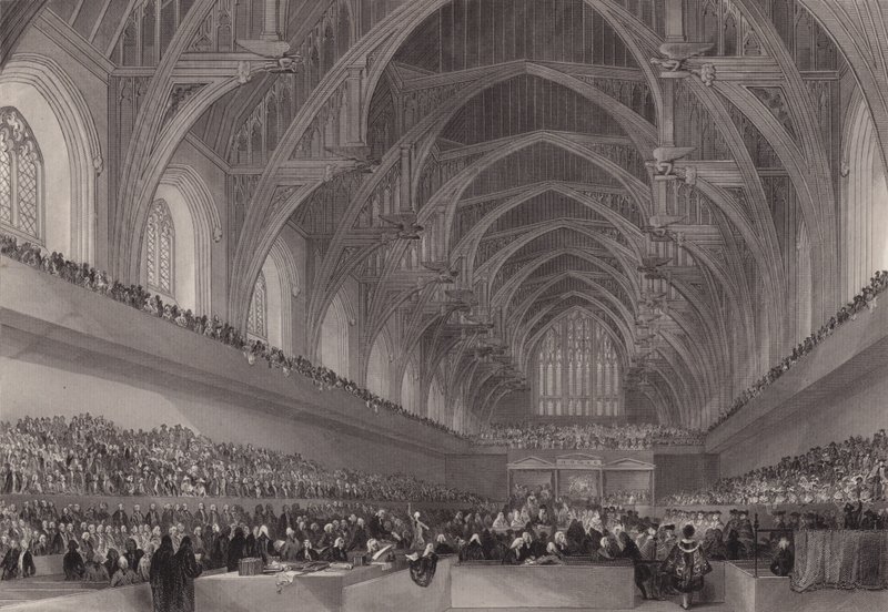 Retssagen mod Warren Hastings, Bengals generalguvernør, i Westminster Hall, London af Henry Melville