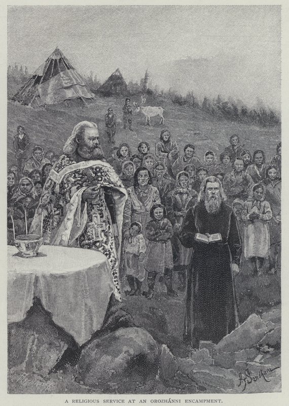 En gudstjeneste ved en Orozhanni-lejr (litho) af Henry Sandham