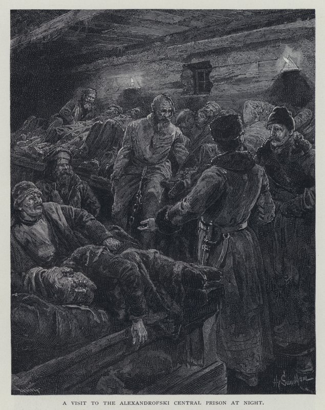 Et besøg i Alexandrofski Central Prison at Night (litho) af Henry Sandham