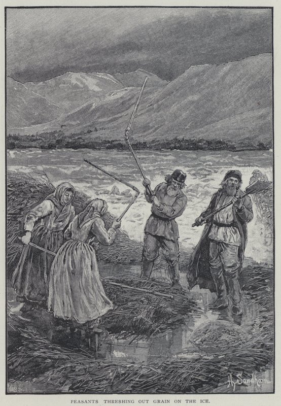 Bønder tærsker korn ud på isen (litho) af Henry Sandham