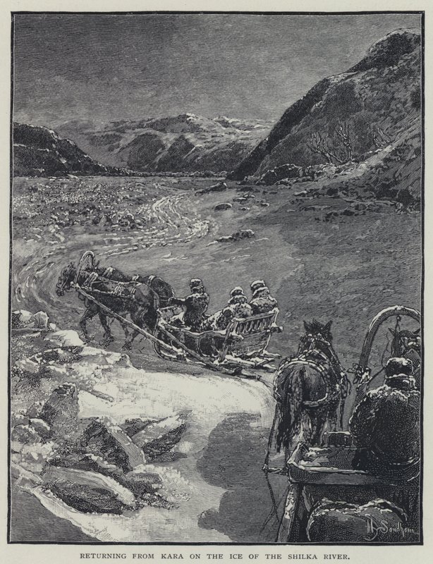 Vender tilbage fra Kara på Shilka-flodens is (litho) af Henry Sandham