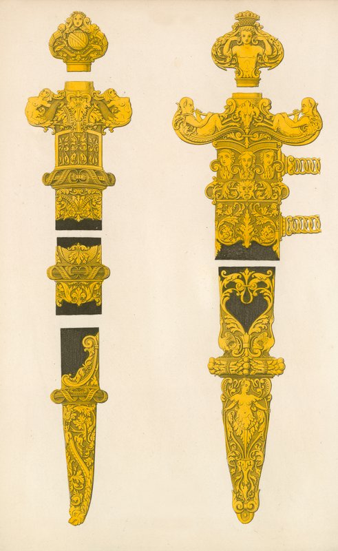 De dekorative dele af en dolk og et sværd, designet af Holbein, tidligt 16. århundrede af Henry Shaw