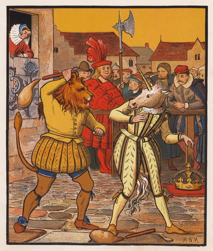 Løven og enhjørningen (farvelitografi) af Henry Stacy (after) Marks