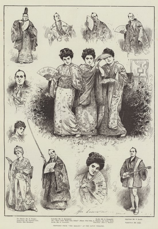 Skitser fra "The Mikado" på Savoy Theatre (gravering) af Henry Stephen (b.1861 fl.1880 1925) Ludlow