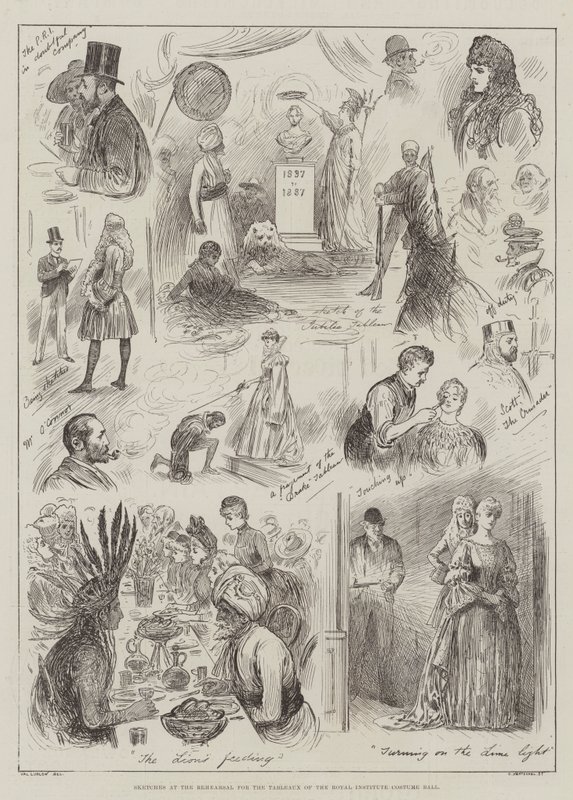 Skitser ved prøverne til tableauer til Royal Institute Costume Ball af Henry Stephen Ludlow