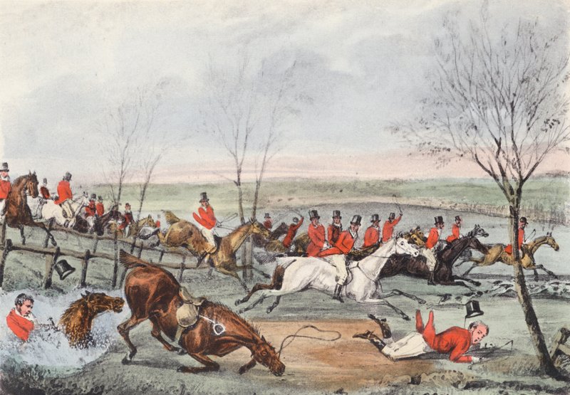 "En Squire-fælde, ved Gud!" Råber Mytton, "Lidt mere, og jeg ville have gjort det!" (litografi) af Henry Thomas (after) Alken