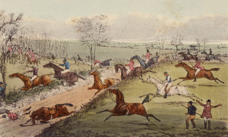A Steeple-Chase, The Sunken Road (farve litho) af Henry Thomas (after) Alken