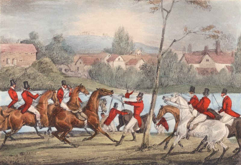 Mytton svømmer i Severn ved Uppington Ferry: "Den, der kalder sig sportsmand, lad ham følge mig!" (litografi) af Henry Thomas (after) Alken