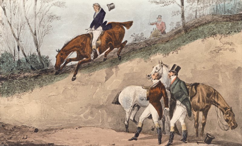 Mytton tager en dråbe "så høj som et hus" (litografi) af Henry Thomas (after) Alken