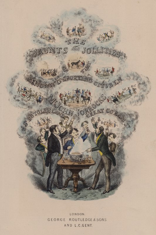 Titelsideillustration til Jorrocks Jaunts and Jollities (farve litho) af Henry Thomas (after) Alken