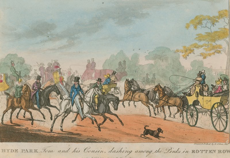 Hyde Park, London, Tom og hans fætter flyver blandt de lyserøde i Rotten Row af Henry Thomas Alken