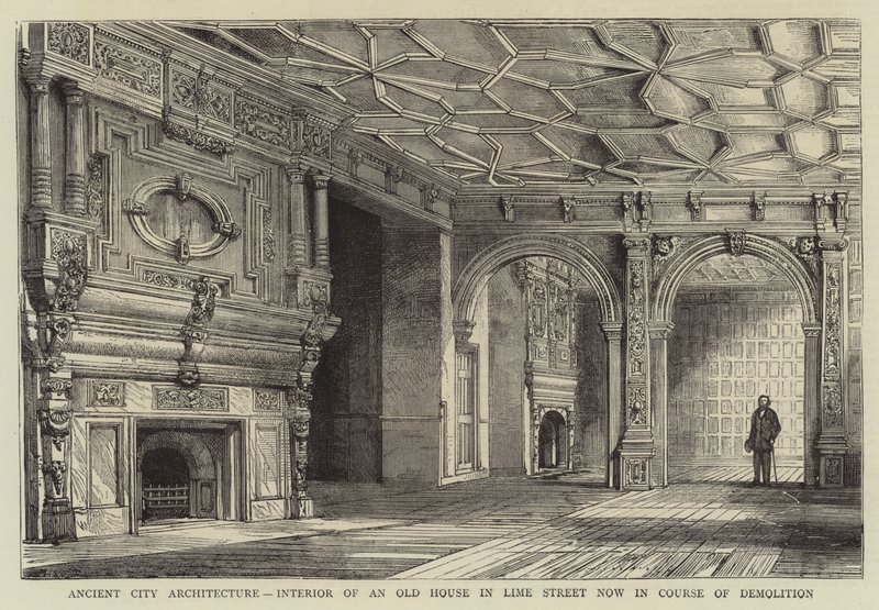 Gammel byarkitektur, interiør i et gammelt hus i Lime Street, som nu er under nedrivning af Henry William Brewer
