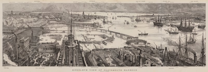 Fugleperspektiv over Portsmouth Havn af Henry William Brewer