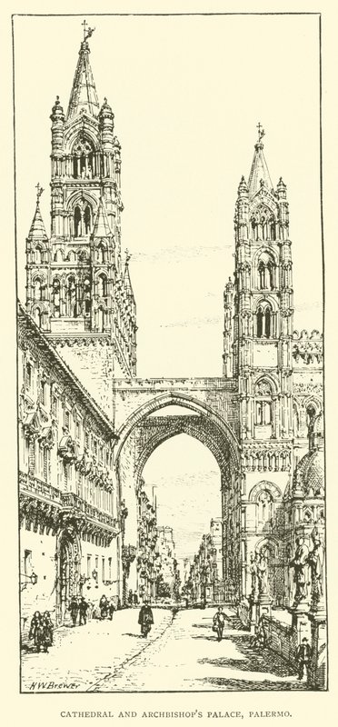 Katedralen og ærkebiskoppens palads, Palermo (gravering) af Henry William Brewer