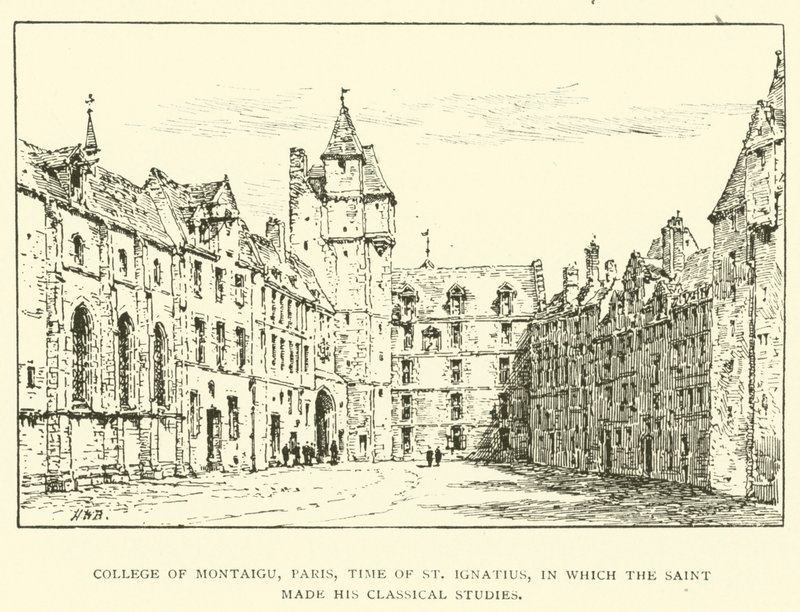 College of Montaigu, Paris, St Ignatius tid, hvor helgenen lavede sine klassiske studier (gravering) af Henry William Brewer