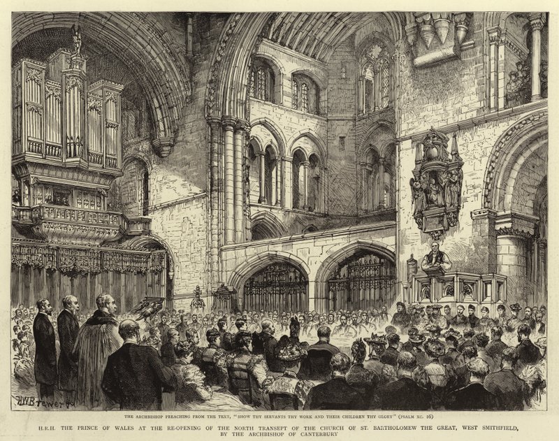 H R H prinsen af Wales ved genåbningen af North Transept af Church of St Bartholomew the Great, West Smithfield, af ærkebiskoppen af Canterbury af Henry William Brewer