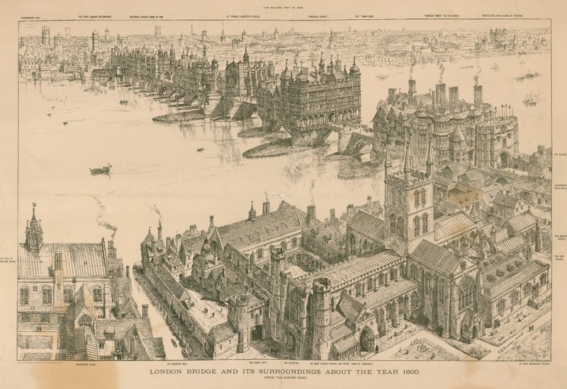 London Bridge og dens omgivelser omkring år 1600 af Henry William Brewer