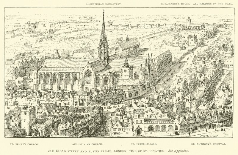 Old Broad Street og Austin Friars, London, St. Ignatius tid (gravering) af Henry William Brewer